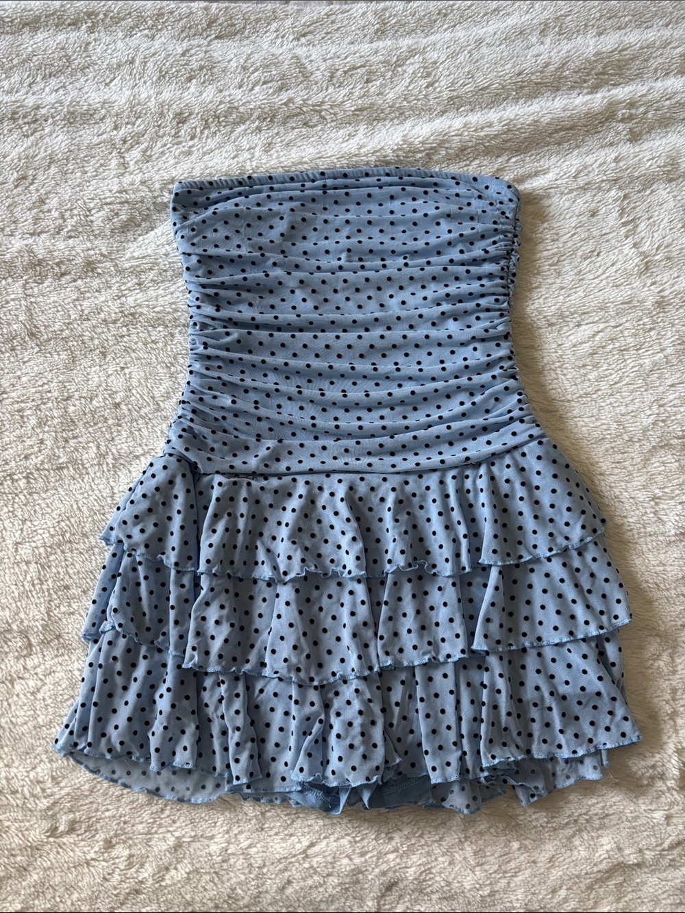 Fashion Nova Light Blue Strapless Polka Dot Ruffle Mini romper M